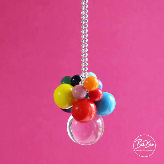 Lange Silberkette mit 13 bunten Glas- und Edelsteinkugeln BaBa jewellery for happiness